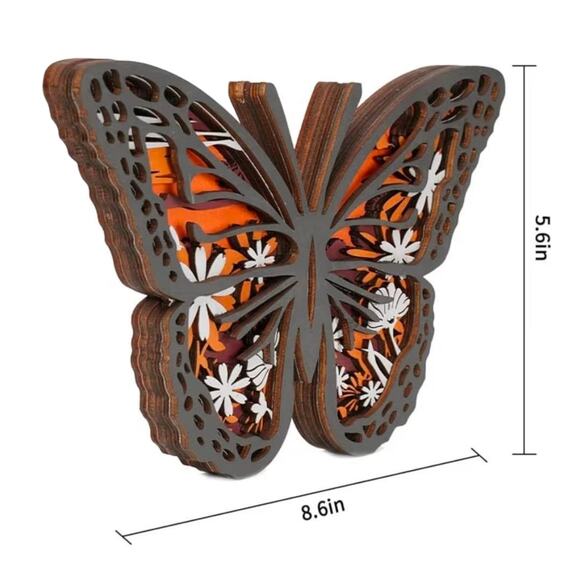 Layered Wooden Butterfly Decor with Floral Cutouts | 8.6 in Wall or Shelf Accent - Picture 2 of 5